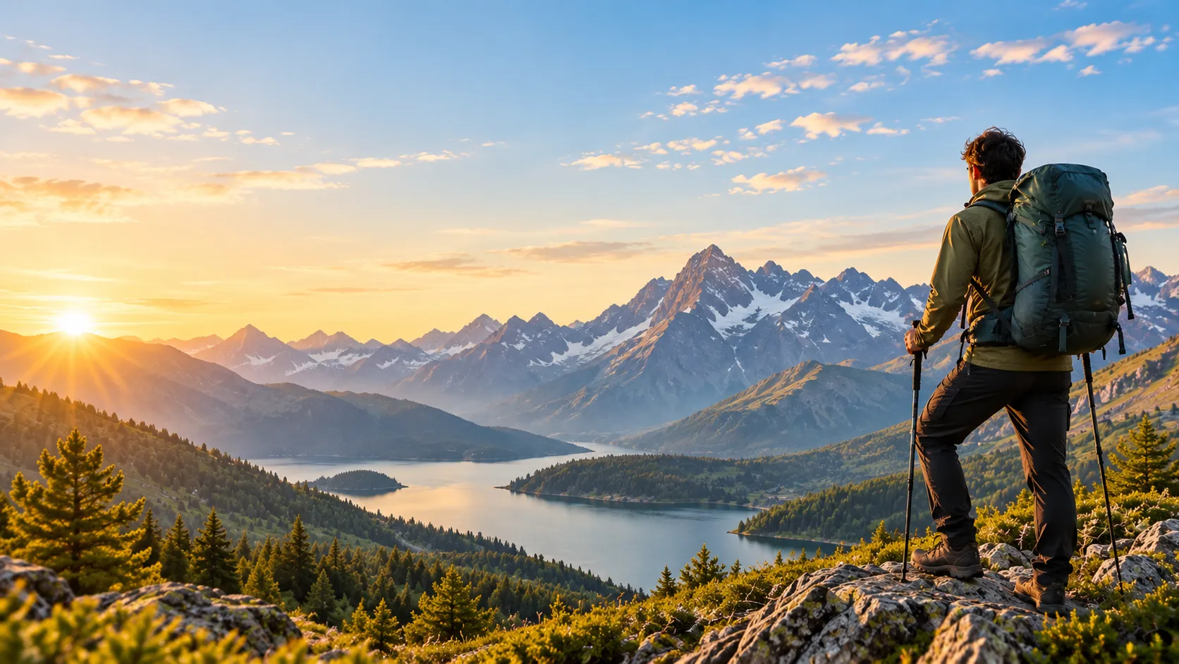 A hiker with a backpack looking out over an alpine lake and mountains at sunrise